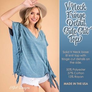V Neck Fringe Detail Side Slit Top